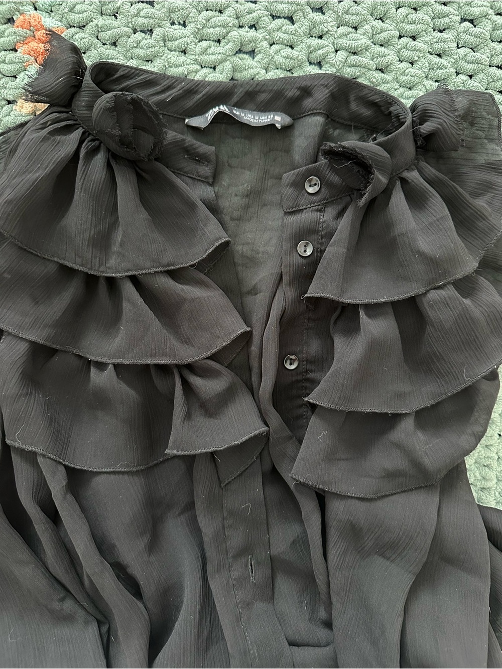 Zara Black Ruffle-Front Blouse